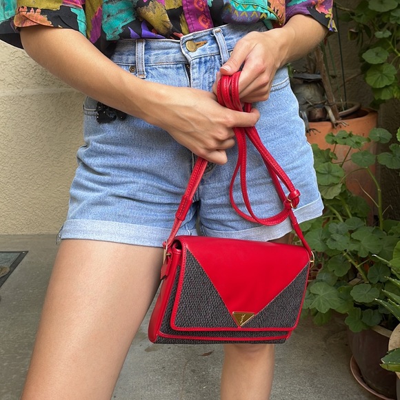Vintage dark gray/red Yves Saint Laurent leather/canvas purse - Picture 1 of 16